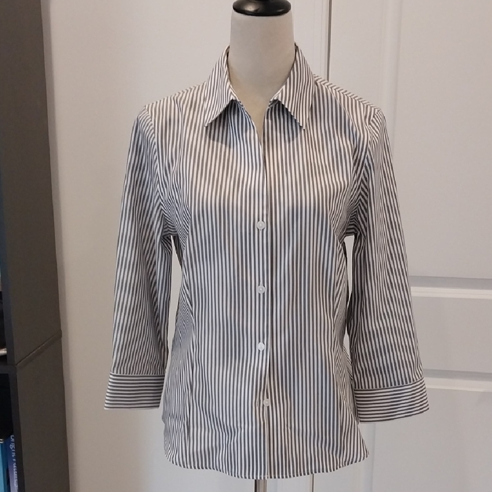 Anne Klein Grey and White Striped Blouse